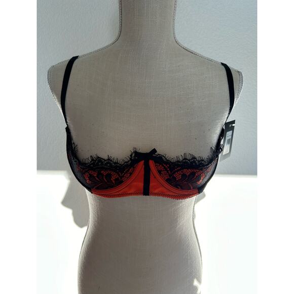 Frederick's of Hollywood Black and Orange Satin Lace Open Cup Underwire Bra - 10 - Picture 2 of 5